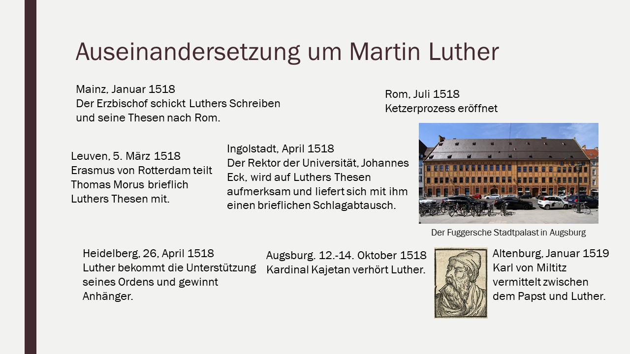 Die Folie fasst einige der Ereignisse der Jahre 1518 und 1519 zusammen, die mit der Veröffentlichung der Thesen Martin Luthers zum Ablasshandel in Verbindung stehen.