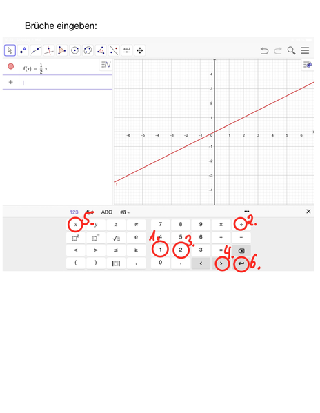 Datei:GeoGebra Graphen zeichnen Brüche f(x) = einhalb x.png