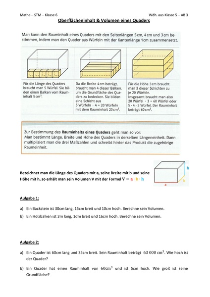 Datei:AB3 Volumen eines Quaders + Lösungen.pdf
