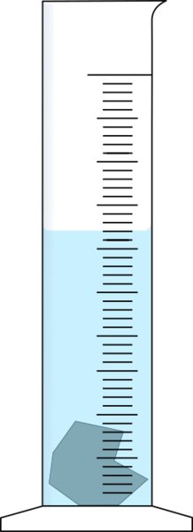 Datei:Breiter Messzylinder mit blauer Fluessigkeit und unregelmaessigem Koerper.svg
