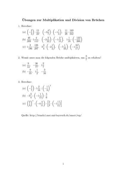 Datei:Übungen zur Multiplikation und Division von Brüchen - Aufgaben.pdf