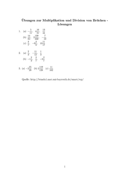 Datei:Übungen zur Multiplikation und Division von Brüchen - Lösungen.pdf